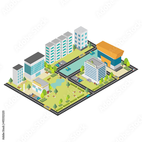 City center with buildings, stores, hospital, public park and traffic in isometric 3d style . Cityscape icon. Vector illustration.