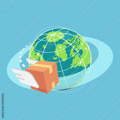 Isometric Cardboard Box Flying Around The World