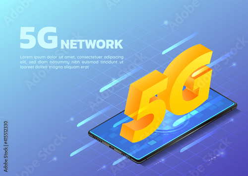 Isometric Web Banner Smartphone with 5G Hi Speed Internet Network