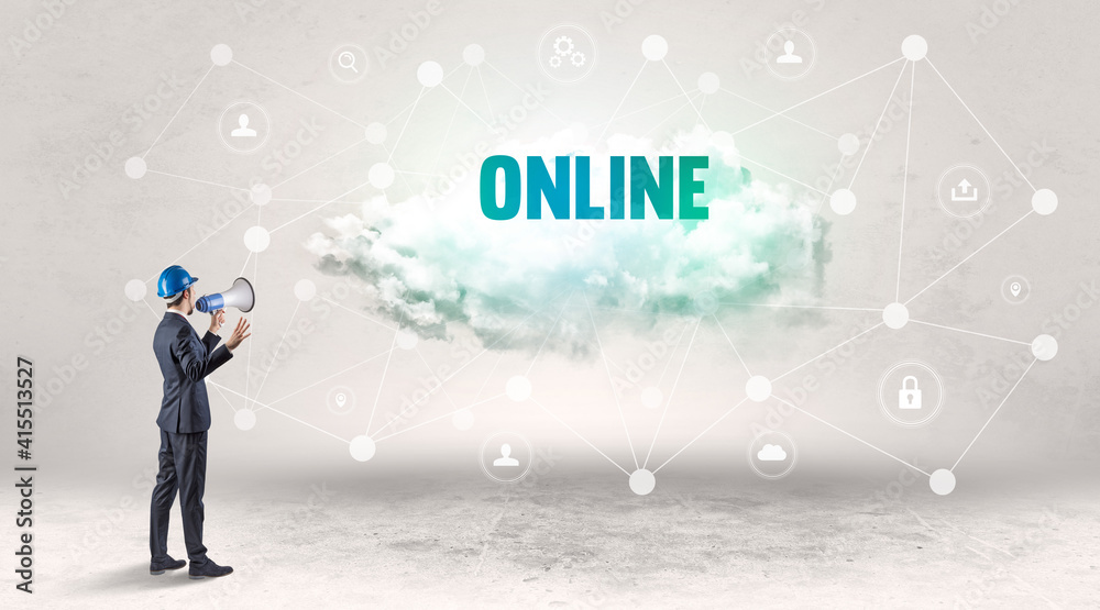 Engineer working on a social media concept with ONLINE inscription Engineer working on a social media concept with ONLINE inscription