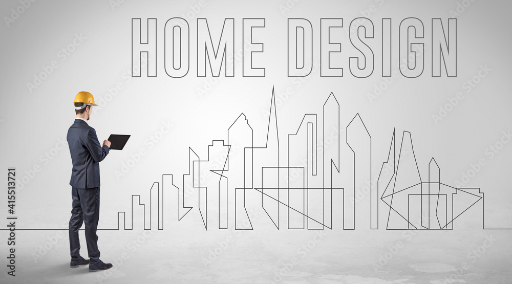 Businessman in hard hat holding blueprint with HOME DESIGN inscription, engineering and architecture concept Businessman in hard hat holding blueprint with HOME DESIGN inscription, engineering and architecture concept