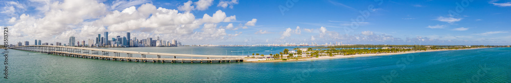 Aerial panorama Brickell Miami Rickenbacker Causeway Biscayne Bay ey