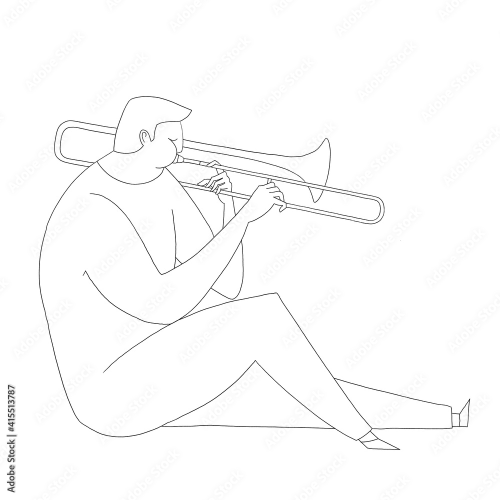 Trombone player, black and white illustration. Jazzman, musician