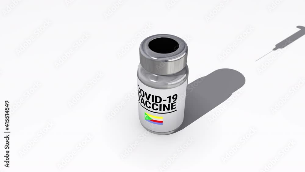Seamless looping 3D animation of the covid-19 vaccine injection of a bottle with the flag of Comoros in 4K resolution Seamless looping 3D animation of the covid-19 vaccine injection of a bottle with the flag of Comoros in 4K resolution