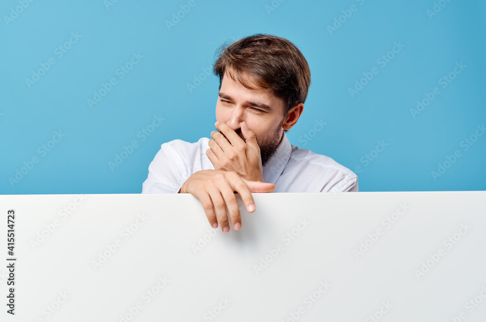bearded man white mockup Poster Copy Space cropped view blue background bearded man white mockup Poster Copy Space cropped view blue background