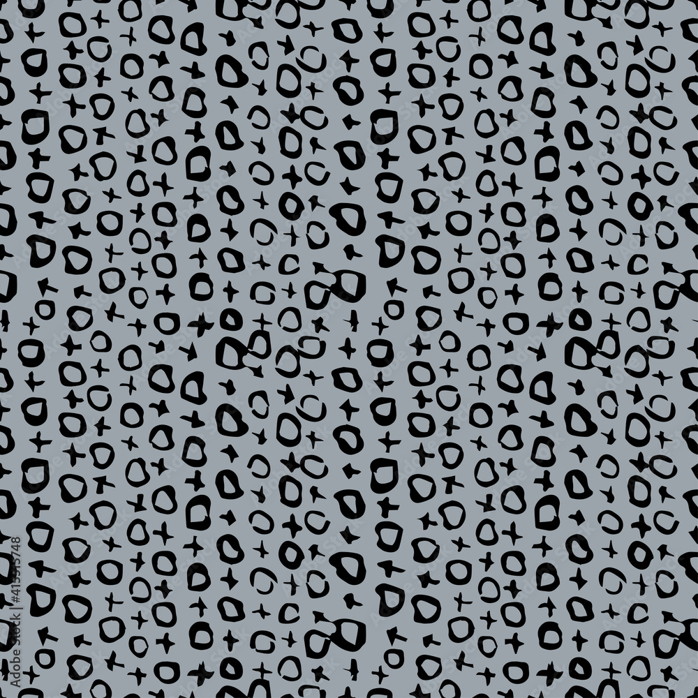 Seamless pattern with black noughts and crosses on a gray background.