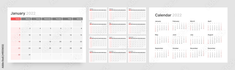 Monthly calendar template for 2022 year. Week Starts on Sunday. Wall calendar in a minimalist style. Monthly calendar template for 2022 year. Week Starts on Sunday. Wall calendar in a minimalist style.
