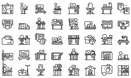 Ergonomic workplace icons set. Outline set of ergonomic workplace vector icons for web design isolated on white background