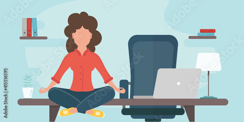 Businesswoman doing yoga to calm down the stressful emotion from hard work in office over desk with office. Vector illustration in flat style