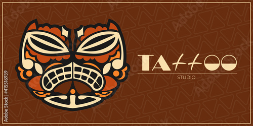 Tattoo studio banner. Native New Zealand. Maori. Tattoo on the face. Mask. Vector