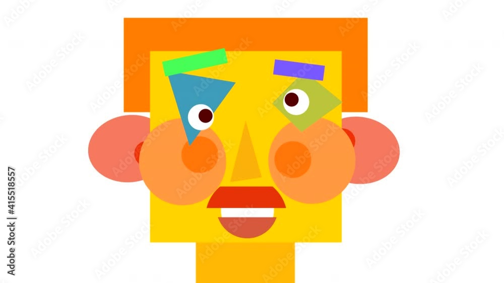 Looped abstract animation of a square head with moving face elements on a white background. Looped abstract animation of a square head with moving face elements on a white background.