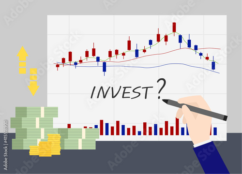 considering investment with stock market chart and money
