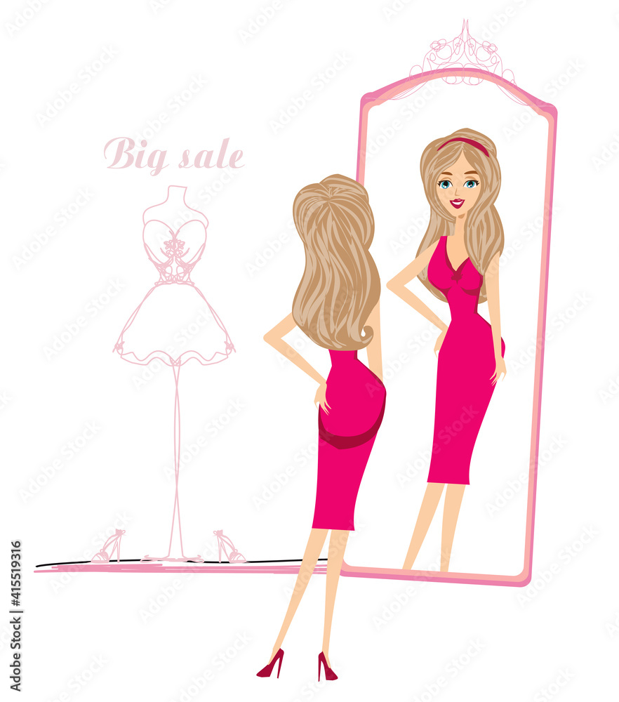 beautiful shopping girl looks at herself in the mirror beautiful shopping girl looks at herself in the mirror