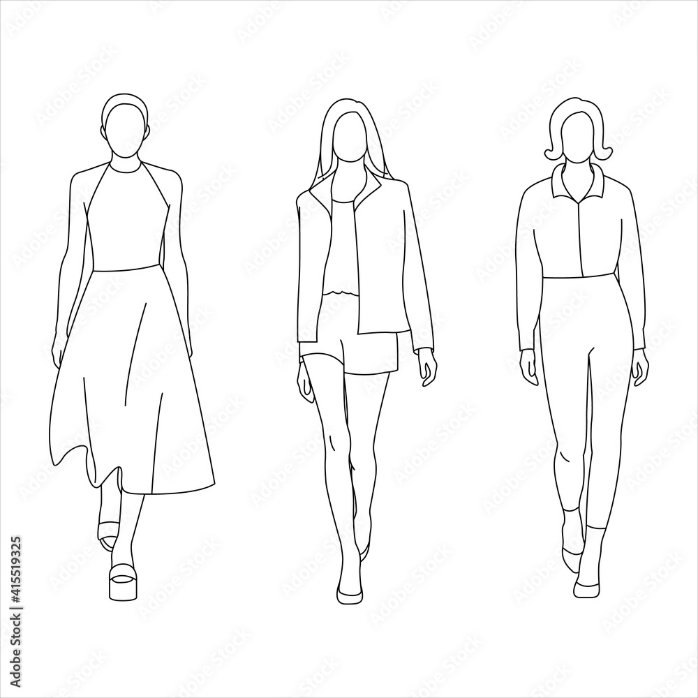 Walking models on the podium. Line art of the girls. Vector editable stroke Walking models on the podium. Line art of the girls. Vector editable stroke