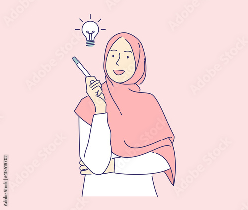 happy woman have ideas vector illustration concept, muslim girl holding pencil with light bulb hand drawn isolated, can use for, landing page, template, ui, web, homepage, poster, banner, flyer
