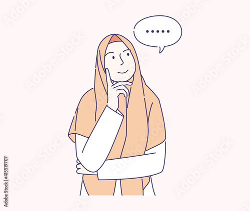 thinking young muslim girl with bubble text hand drawn vector illustration, cute woman wear scarf think, can use for, landing page, template, ui, web, homepage, poster, banner, flyer