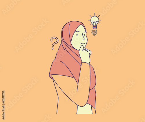 cute girl have idea hand drawn style . young pretty muslim woman smiling with finger on chin, vector illustration concept, can use for, landing page, template, ui, web, homepage, poster