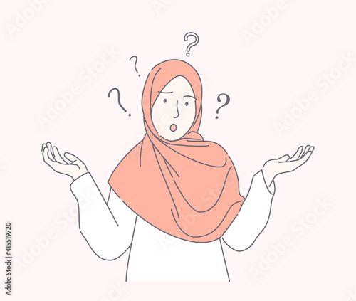 young muslim woman confused hand-drawn style, cute teen with scarf spreads hand with question mark isolated, can use for, landing page, template, poster, banner