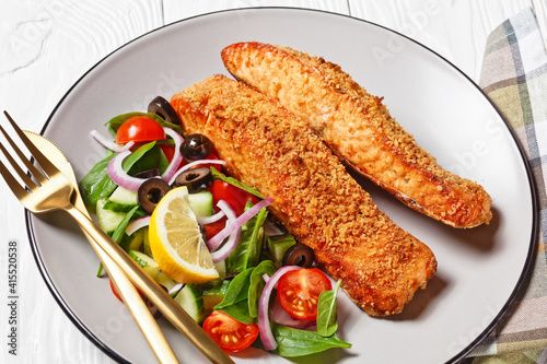 Panko crusted baked salmon fillets, veggies salad