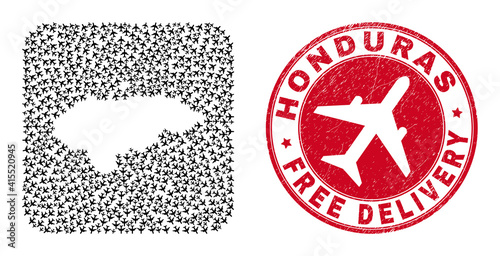 Vector mosaic Honduras map of airliner items and grunge Free Delivery seal. Mosaic geographic Honduras map constructed as stencil from rounded square shape using escaping air force symbols.