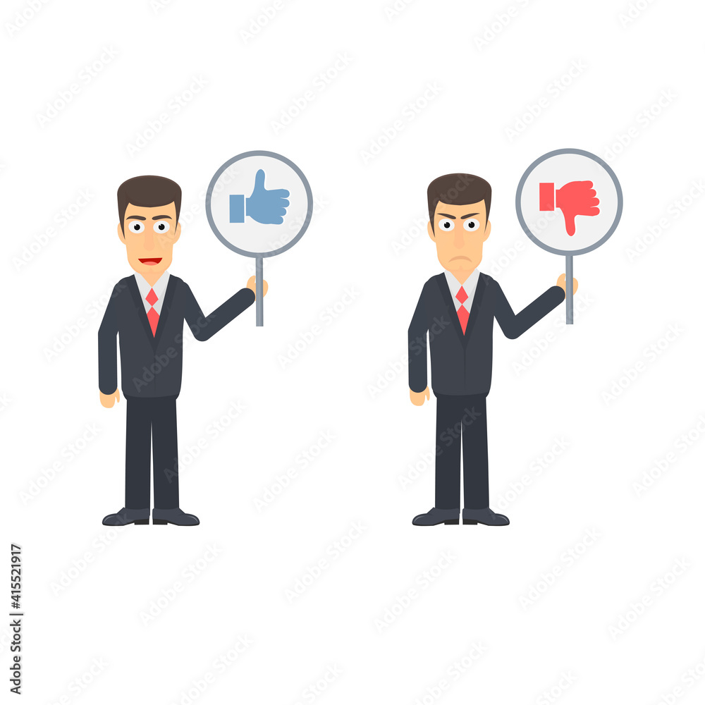 Businessman with a sign in his hands. Like and dislike, vector illustration Businessman with a sign in his hands. Like and dislike, vector illustration