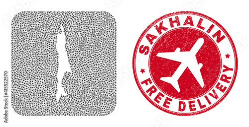 Vector collage Sakhalin Island map of aircraft elements and grunge Free Delivery seal stamp.