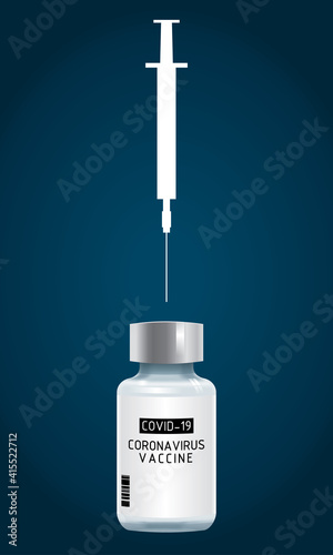 A Covid-19 corona virus vaccine and a syringe. Vector with monotone color background.