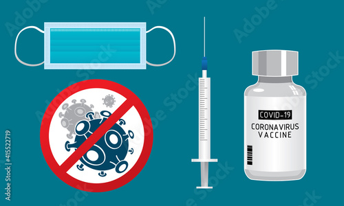 A Covid-19 corona virus vaccine, syringe, surgical mask and an anti corona virus icon. Vector with monotone color background.