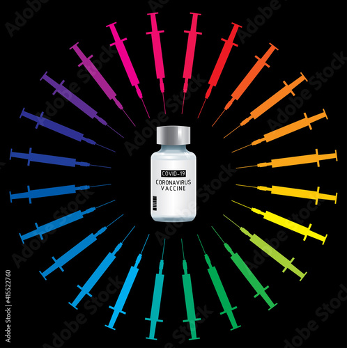 A Covid-19 corona virus vaccine and a lots of syringes surround it. Symbolize everyone on earth is desire to get it.
