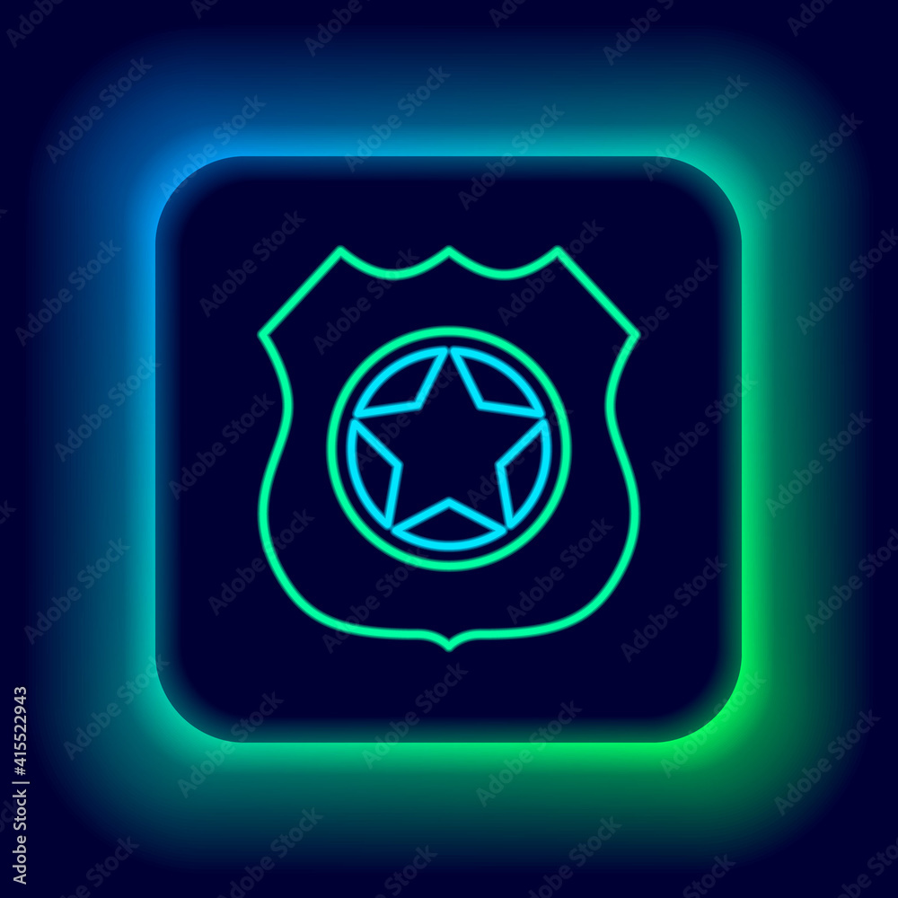 Glowing neon line Police badge icon isolated on black background. Sheriff badge sign. Colorful outline concept. Vector. Glowing neon line Police badge icon isolated on black background. Sheriff badge sign. Colorful outline concept. Vector.