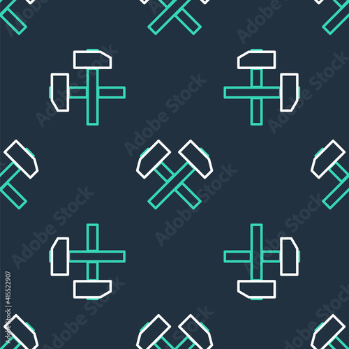 Line Two crossed hammers icon isolated seamless pattern on black background. Tool for repair. Vector.