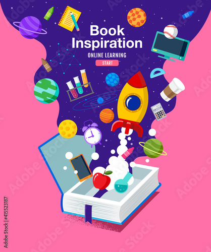 Book Inspiration, Back to school, Planet science, learning from home, vector illustration.