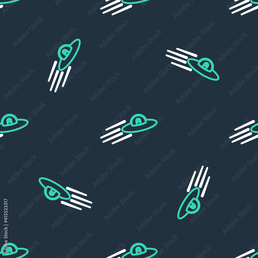 Line UFO flying spaceship and alien icon isolated seamless pattern on black background. Flying saucer. Alien space ship. Futuristic unknown flying object. Vector. Line UFO flying spaceship and alien icon isolated seamless pattern on black background. Flying saucer. Alien space ship. Futuristic unknown flying object. Vector.