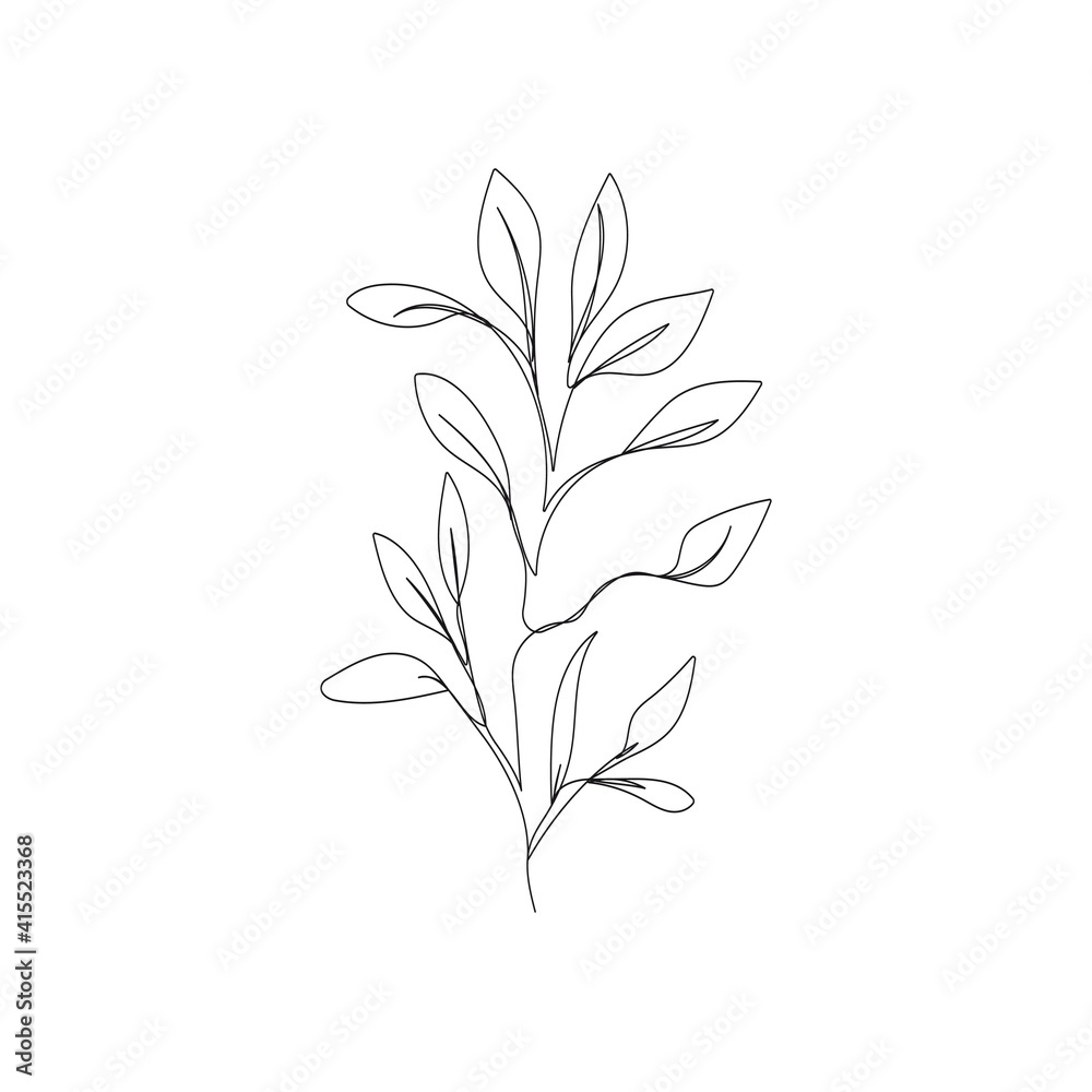 Branch One Line Drawing. Continuous Line of Simple Flower Illustration. Abstract Contemporary Botanical Design Template for Minimalist Covers, t-Shirt Print, Postcard, Banner etc. Vector EPS 10.