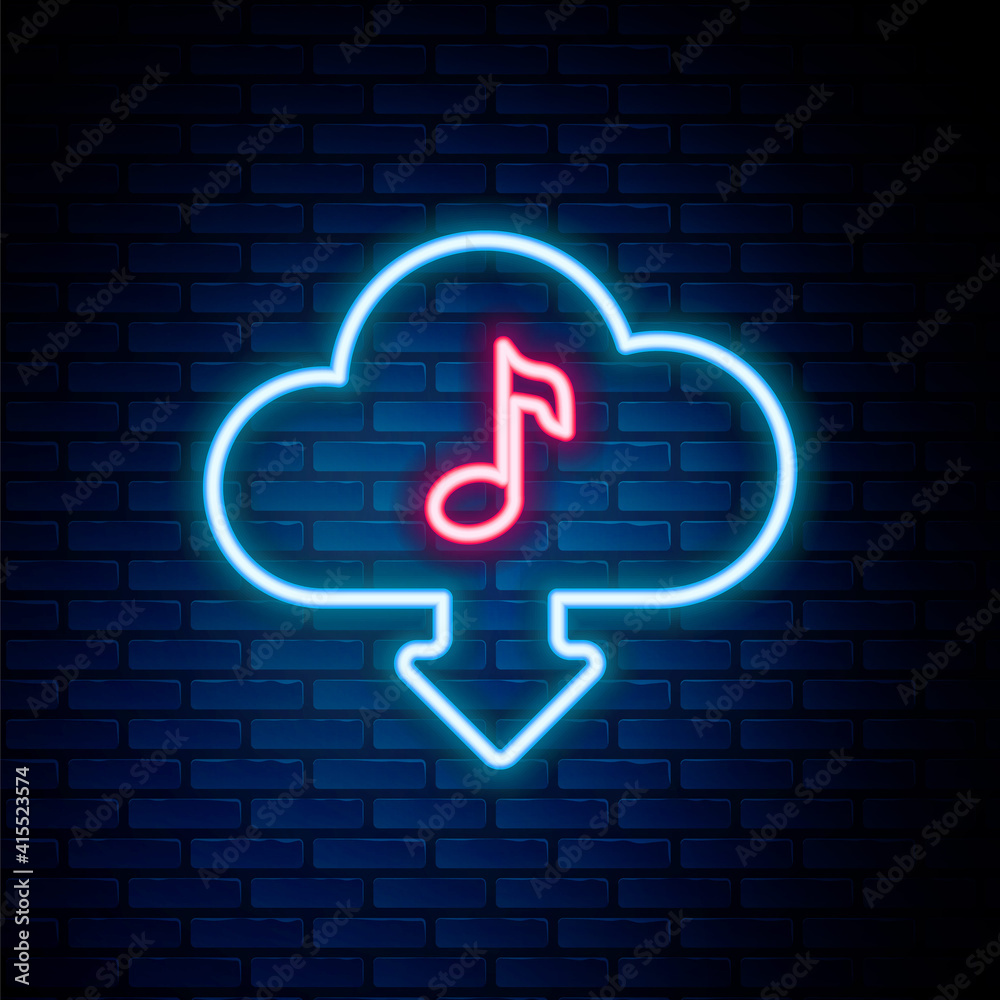 Glowing neon line Cloud download music icon isolated on brick wall background. Music streaming service, sound cloud computing, online media streaming, audio wave. Colorful outline concept. Vector. Glowing neon line Cloud download music icon isolated on brick wall background. Music streaming service, sound cloud computing, online media streaming, audio wave. Colorful outline concept. Vector.
