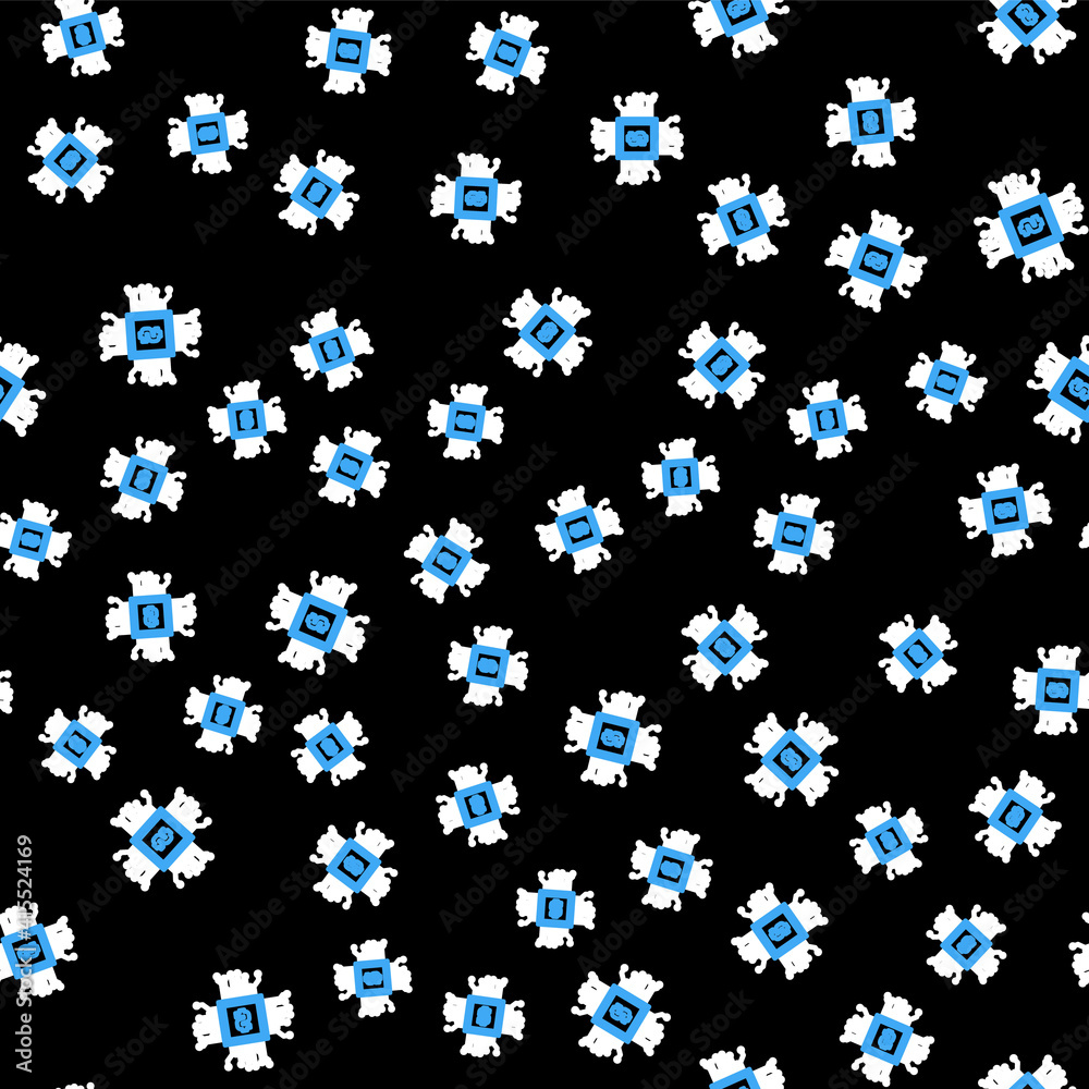 Line CPU mining farm icon isolated seamless pattern on black background. Bitcoin sign inside processor. Cryptocurrency mining community. Digital money. Vector.