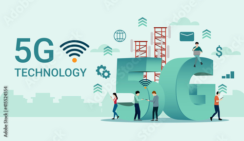 5g technology concept. people with 5g towers on city background