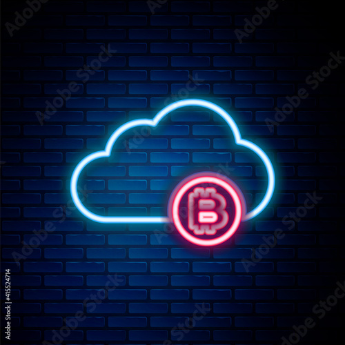 Glowing neon line Cryptocurrency cloud mining icon isolated on brick wall background. Blockchain technology, bitcoin, digital money market, cryptocoin wallet. Colorful outline concept. Vector.