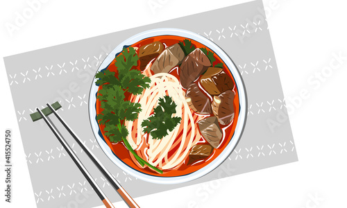 Beef noodles with spicy soup on plate mat and chopsticks decoration. Isolate close up top view food vector Illustration on white background.