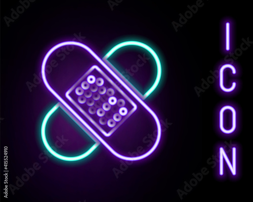 Glowing neon line Crossed bandage plaster icon isolated on black background. Medical plaster, adhesive bandage, flexible fabric bandage. Colorful outline concept. Vector.