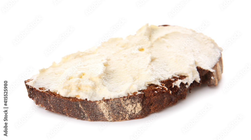 Bread with tasty cream cheese on white background Bread with tasty cream cheese on white background