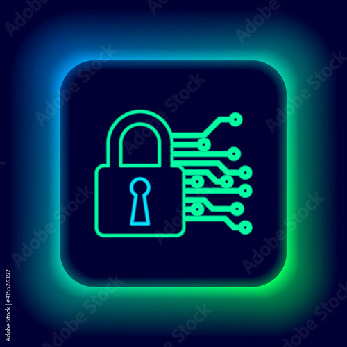 Glowing neon line Cyber security icon isolated on black background. Closed padlock on digital circuit board. Safety concept. Digital data protection. Colorful outline concept. Vector.