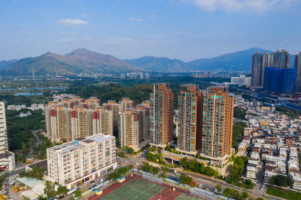 Naklejka premium Drone fly over Hong Kong city