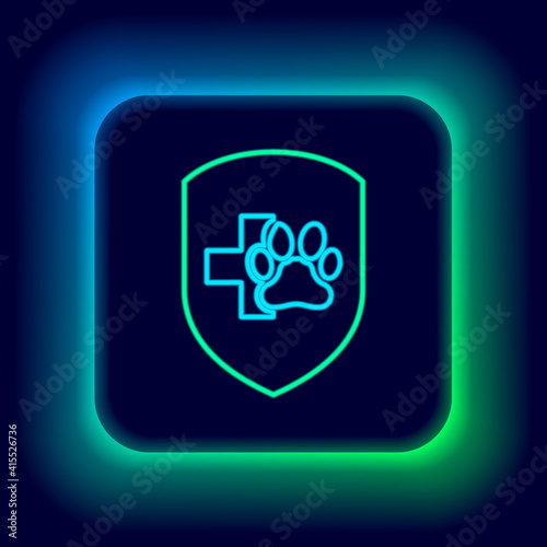Glowing neon line Animal health insurance icon isolated on black background. Pet protection icon. Dog or cat paw print. Colorful outline concept. Vector.