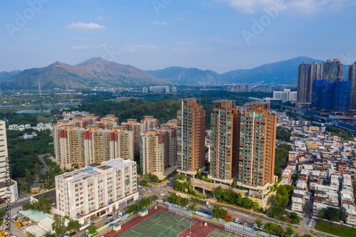 Drone fly over Hong Kong city