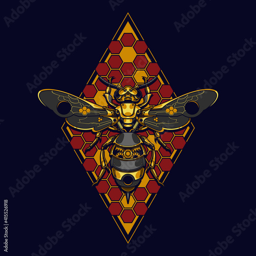 mechanical steampunk bee illustration and tshirt design