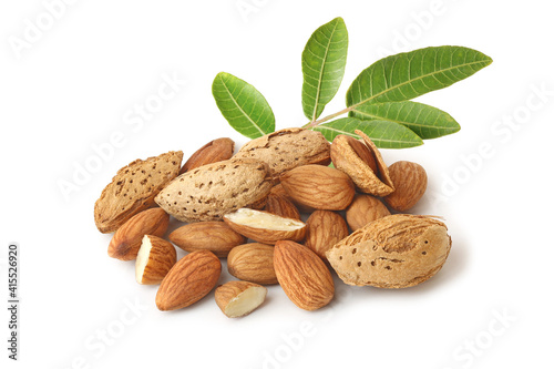 A small heap of almonds in shell and without with sprig isolated on the white