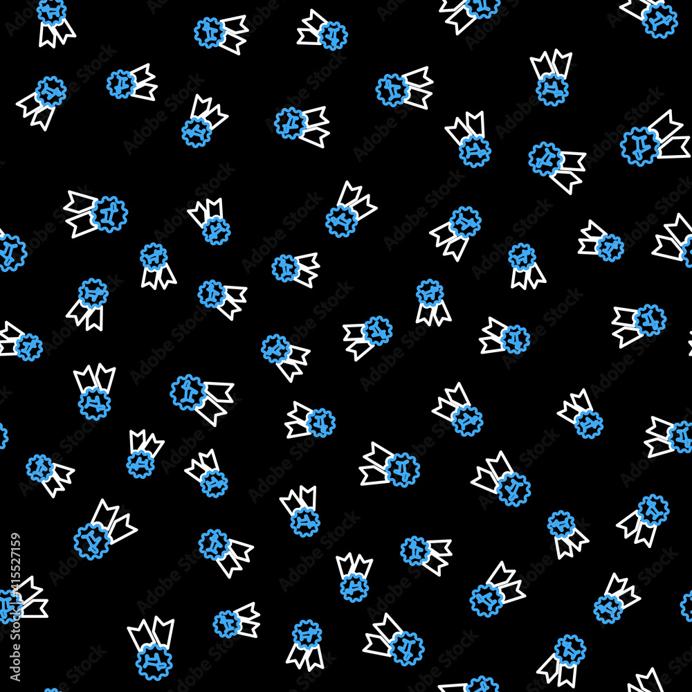 Line Dog award symbol icon isolated seamless pattern on black background. Medal with dog footprint as pets exhibition winner concept. Vector.