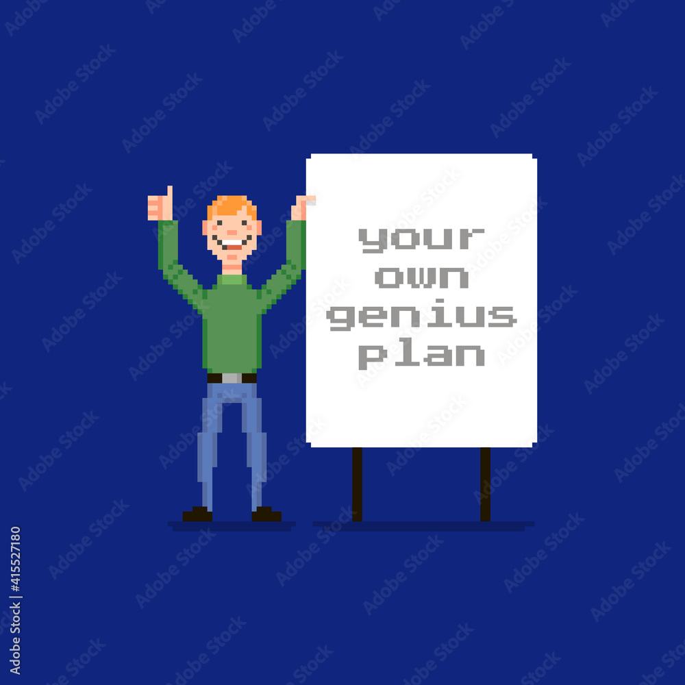 colorful simple flat pixel art illustration of cartoon young smiling guy standing at white board with inscription colorful simple flat pixel art illustration of cartoon young smiling guy standing at white board with inscription
