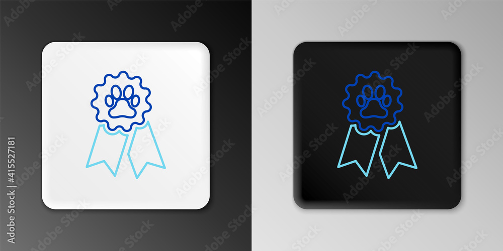 Line Pet award symbol icon isolated on grey background. Badge with dog or cat paw print and ribbons. Medal for animal. Colorful outline concept. Vector. Line Pet award symbol icon isolated on grey background. Badge with dog or cat paw print and ribbons. Medal for animal. Colorful outline concept. Vector.